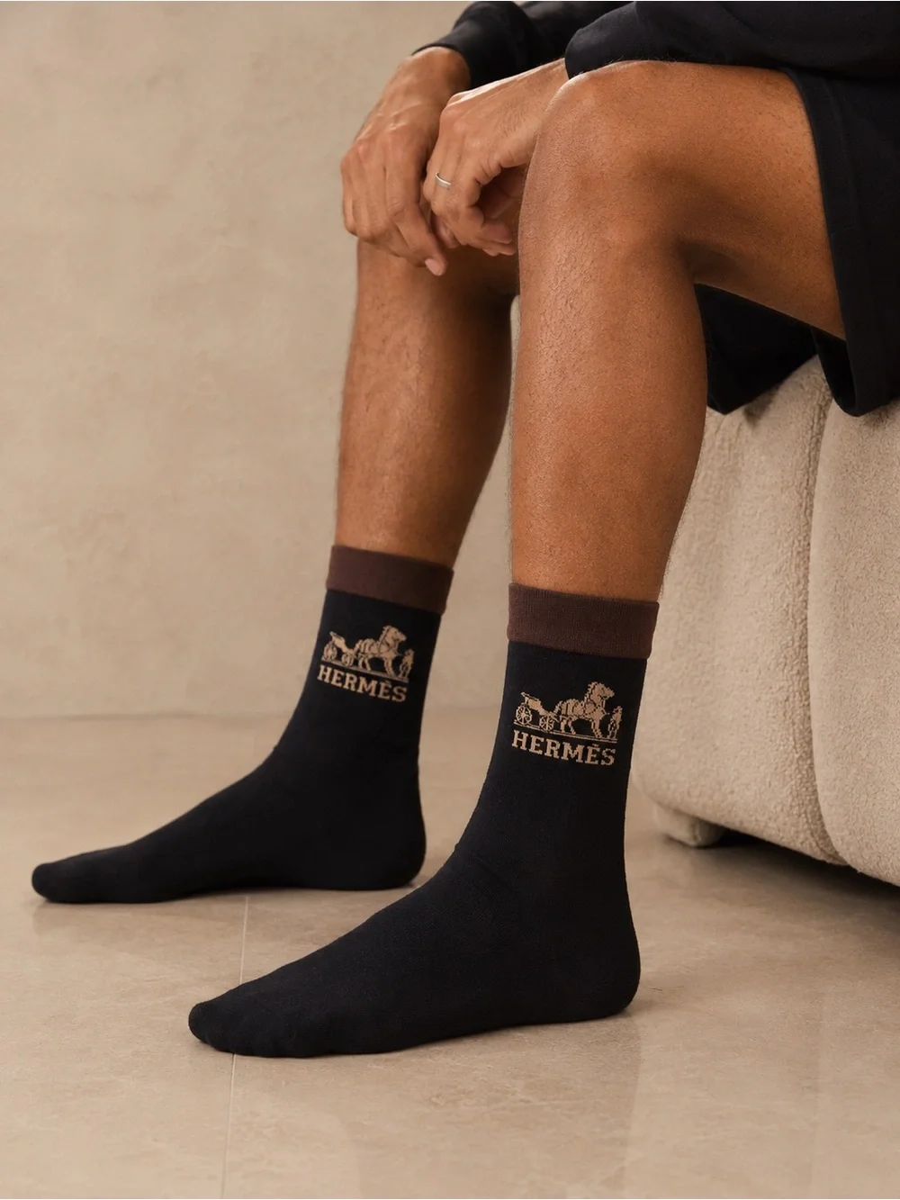 Hermes Black Crew Socks with Brown Cuff and Gold Logo